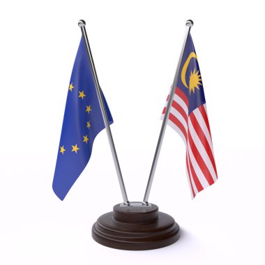 avrupa birliği ve malezya, beyaz arka plan üzerinde izole iki masa bayrakları