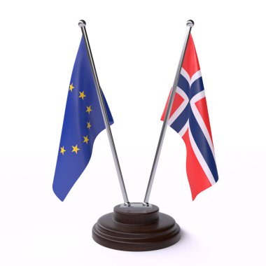 avrupa birliği ve norveç, beyaz arka plan üzerinde izole iki masa bayrakları