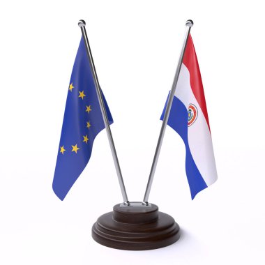 avrupa birliği ve paraguay, beyaz arka plan üzerinde izole iki masa bayrakları