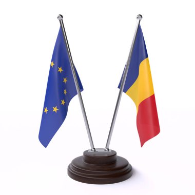 avrupa birliği ve romanya, beyaz arka plan üzerinde izole iki masa bayrakları