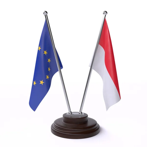 União Europeia Indonésia Duas Bandeiras Mesa Isoladas Sobre Fundo Branco — Fotografia de Stock