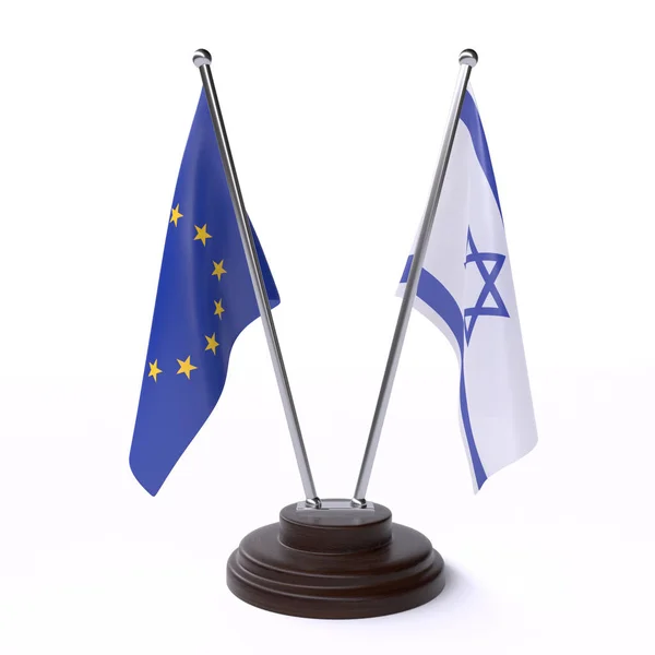 União Europeia Israel Duas Bandeiras Mesa Isoladas Sobre Fundo Branco — Fotografia de Stock