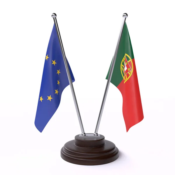 Unión Europea Portugal Dos Banderas Mesa Aisladas Sobre Fondo Blanco — Foto de Stock