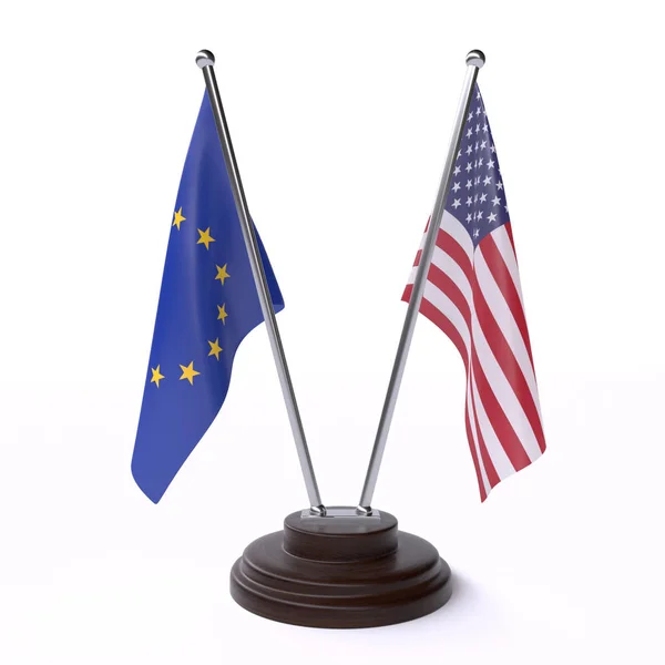 União Europeia Eua Duas Bandeiras Mesa Isoladas Fundo Branco — Fotografia de Stock