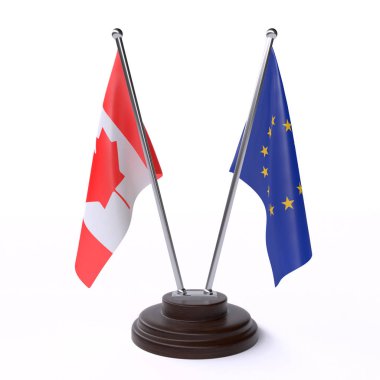 kanada ve Avrupa Birliği, beyaz arka plan üzerinde izole iki masa bayrakları