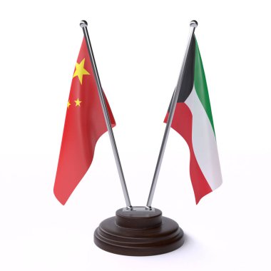 çin ve Kuveyt, beyaz arka plan üzerinde izole iki masa bayrakları