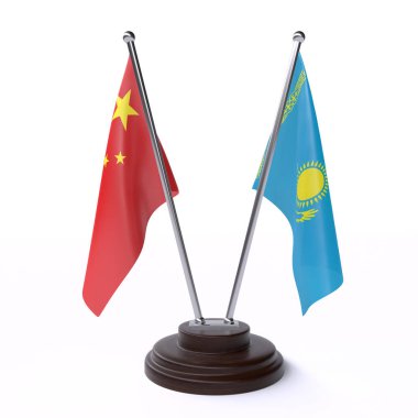 çin ve kazakistan, beyaz arka plan üzerinde izole iki masa bayrakları