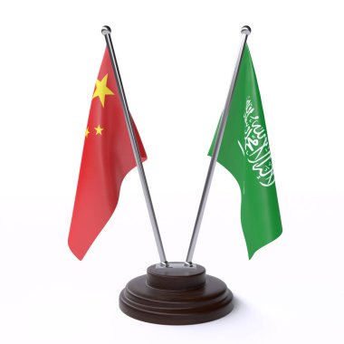 çin ve Suudi Arabistan, beyaz arka plan üzerinde izole iki masa bayrakları