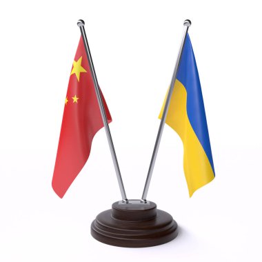 çin ve Ukrayna, beyaz arka plan üzerinde izole iki masa bayrakları