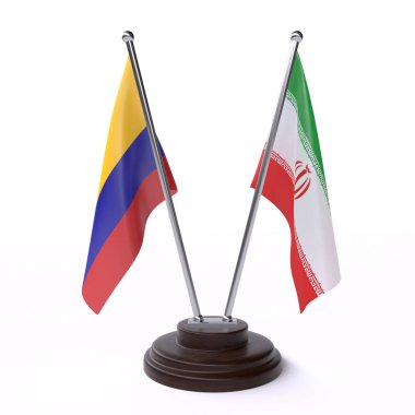 kolombiya ve İran, beyaz arka plan üzerinde izole iki masa bayrakları