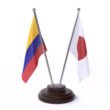 kolombiya ve Japonya, beyaz arka plan üzerinde izole iki masa bayrakları