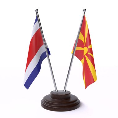 kosta rika ve makedonya, beyaz arka plan üzerinde izole iki masa bayrakları