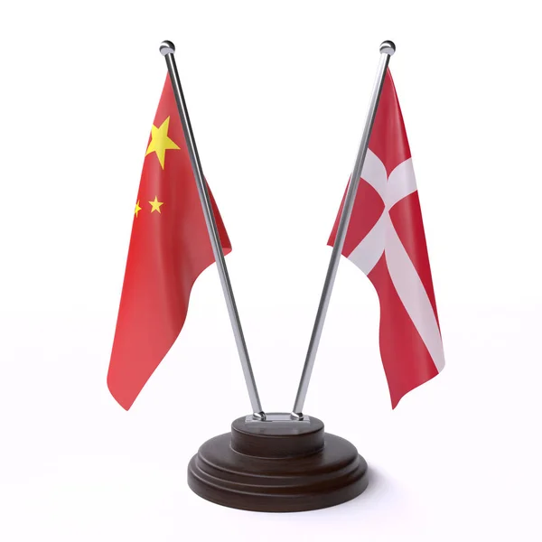 China Denmark Duas Bandeiras Mesa Isoladas Fundo Branco — Fotografia de Stock