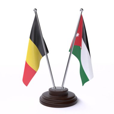 belçika ve ürdün, beyaz arka plan üzerinde izole iki masa bayrakları