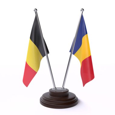 belçika ve romanya, beyaz arka plan üzerinde izole iki masa bayrakları