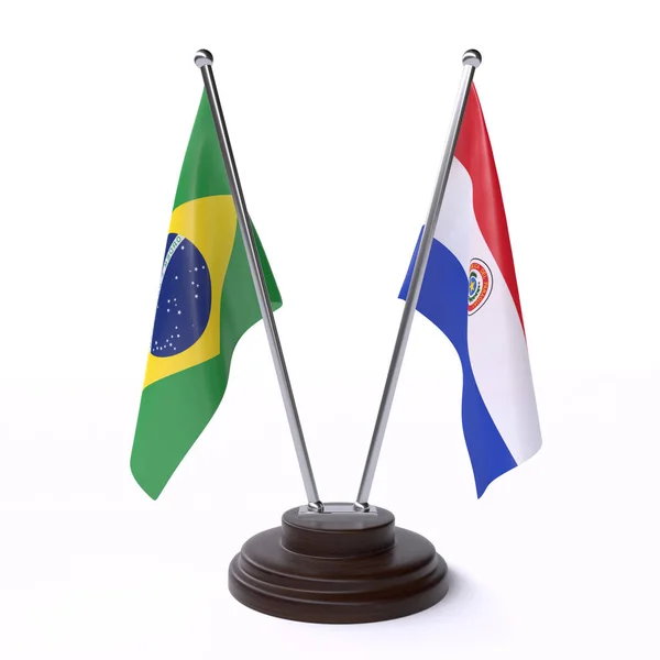 Brasil Paraguai Duas Bandeiras Mesa Isoladas Fundo Branco — Fotografia de Stock