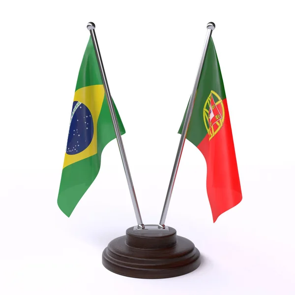 Brasil Portugal Dos Banderas Mesa Aisladas Sobre Fondo Blanco — Foto de Stock