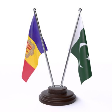 andorra ve pakistan, beyaz arka plan üzerinde izole iki masa bayrakları