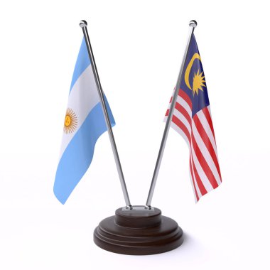 arjantin ve malezya, beyaz arka plan üzerinde izole iki masa bayrakları