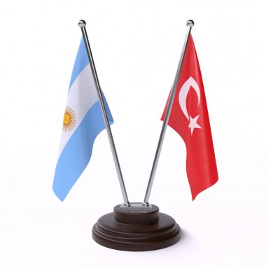 arjantin ve türkiye, beyaz arka plan üzerinde izole iki masa bayrakları