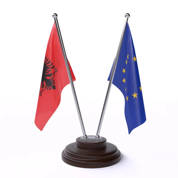 Albania União Europeia Duas Bandeiras Mesa Isoladas Fundo Branco — Fotografia de Stock