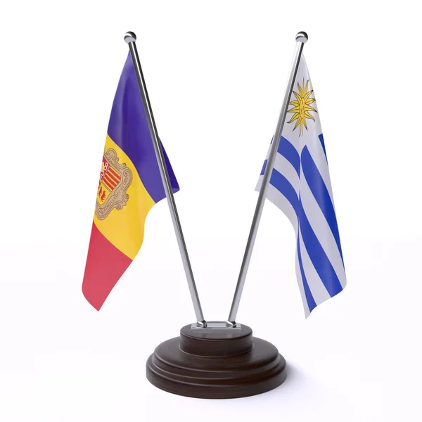 Андорра Уругвай Дві Настільні Прапори Ізольовані Білому Фоні — стокове фото