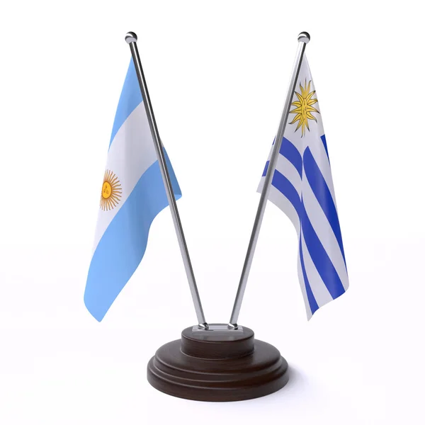 Argentine Uruguay Deux Drapeaux Table Isolés Sur Fond Blanc — Photo
