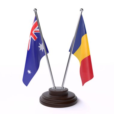 avustralya ve romanya, beyaz arka plan üzerinde izole iki masa bayrakları