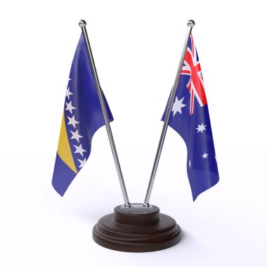 bosna-hersek ve Avustralya, beyaz arka plan üzerinde izole iki masa bayrakları