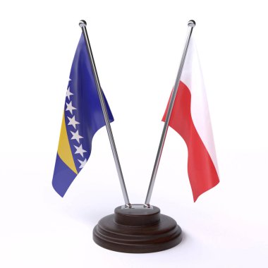 bosna-hersek ve polonya, beyaz arka plan üzerinde izole iki masa bayrakları