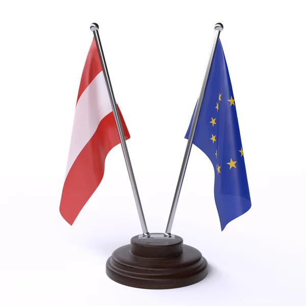Áustria União Europeia Duas Bandeiras Mesa Isoladas Fundo Branco — Fotografia de Stock