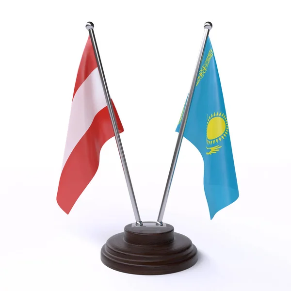 Австрія Казахстан Дві Настільні Прапори Ізольовані Білому Фоні — стокове фото