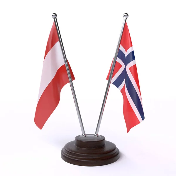 Austria Norway Dos Banderas Mesa Aisladas Sobre Fondo Blanco —  Fotos de Stock