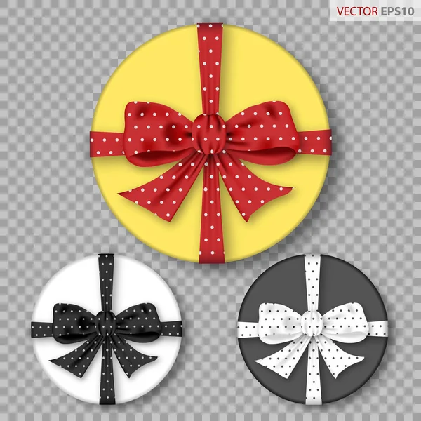 Polka nokta yay, tranparent arka plan üzerinde izole yuvarlak hediye kutuları kümesi. Vektör çizimi