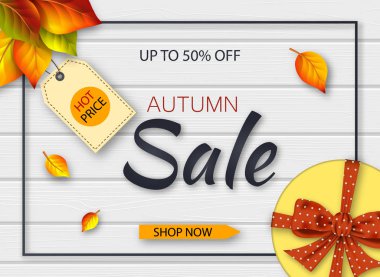 Gerçekçi sonbahar yaprakları ve beyaz ahşap arka plan üzerinde hediye kutusu ile Sonbahar satış afiş. Vektör çizimi