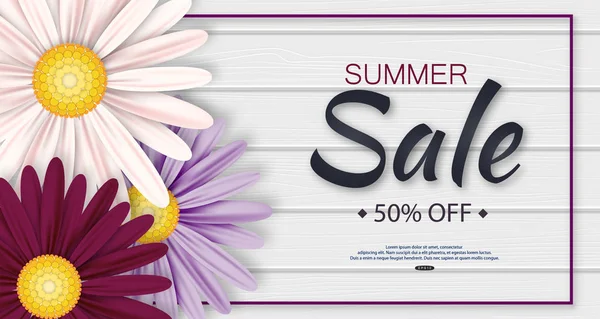 Summer Sale Banner Realistic Daisies White Wooden Background Vector Illustration — Stock Vector