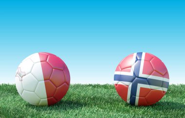 Yeşil çimlerin üzerinde bayraklı iki futbol topu. Malta ve Norveç. Euro 2020. F Grubu 3D resim