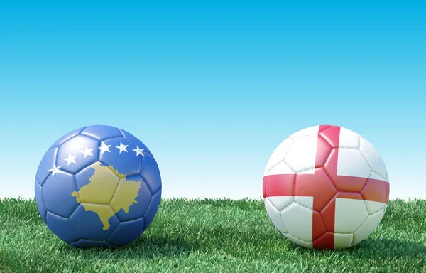 Två Fotboll Bollar Flaggor Färger Grönt Gräs Kosovo Och England — Stockfoto