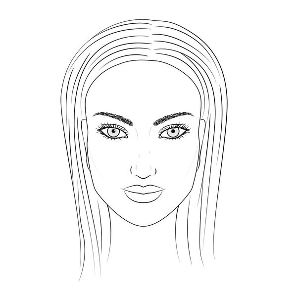 Vector image (sketch) of a young woman face close-up. Black and white portrait of a beautiful girl with rough features. Template for coloring, outline. Vector EPS 10.