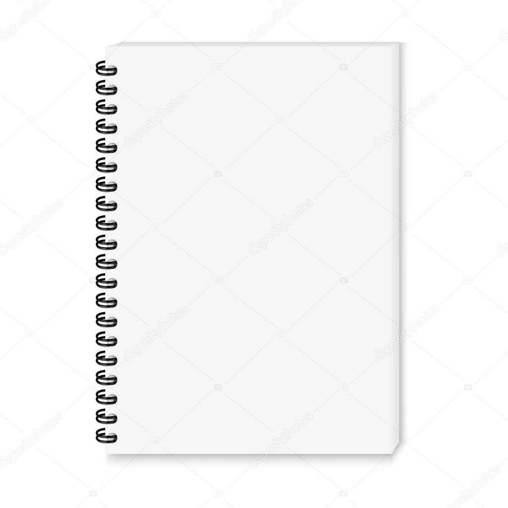 Vector realistic image (mock-up) of an open notebook, isolated on white, top view. White sheets of notebook, fastened with a black  spiral, shifted up and to the right, 3d. Vector EPS 10.