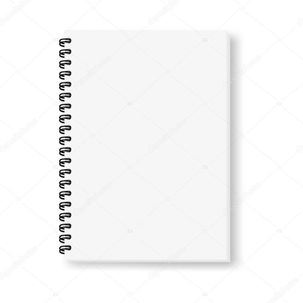 Realistic vector image (mock-up) of an open notepad isolated on white, top view. White sheets of notebook, fastened with a black spiral, shifted down and to the right, 3d. Vector EPS 10.