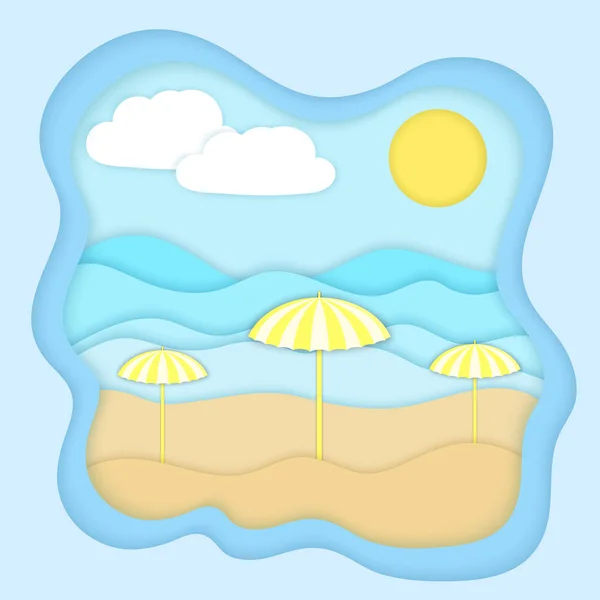 Sea で太陽 パラソル からパラソルとビーチ のベクトル図です 紙のアート スタイルで夏正方形の背景 ベクター Eps — ストックベクタ