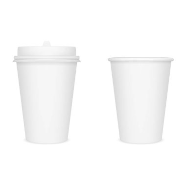Vektör gerçekçi görüntüsünü (mockup, Düzen) bir beyaz kağıt bardak kahve için (ya da diğer içecekler) beyaz bir kapak ile kapalı ve bir kapak açın. Görüntü degrade kafes kullanılarak oluşturulmuş. Vektör Eps 10.