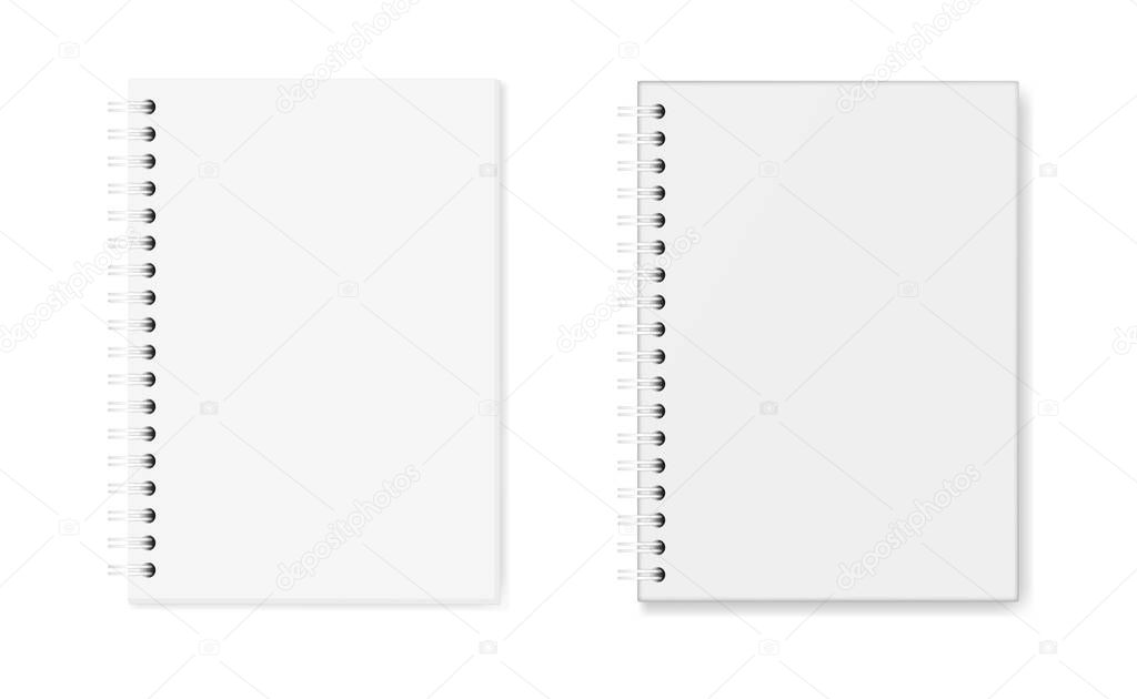 Vector set of realistic images of notebooks: hardcover and soft cover, top view. White sheets of paper (A5), fixed with a white spiral, 3d. The image was created using gradient mesh. Vector EPS 10.