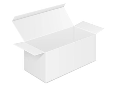 Vektör gerçekçi görüntüsünü (mock-up, düzen) boş açık dikdörtgen kağıt kutusu. Perspektif içinde görüntüleyin. Beyaz izole. Görüntü degrade kafes kullanılarak oluşturulmuş. Vektör Eps 10.