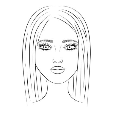 Vektör görüntüsü (kroki) büyük gözleri ve dudakları, yakın çekim güzel bir genç kız portresi. Boyama için şablon. Beyaz izole. Vektör Eps 10.