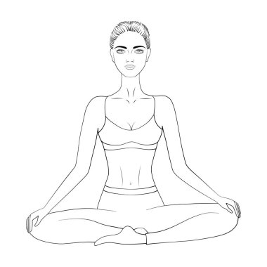 Yoga veya meditasyon yapan bir kadının siyah beyaz vektör görüntüsü. Rahat, sakin genç yetişkin. Eps 10.