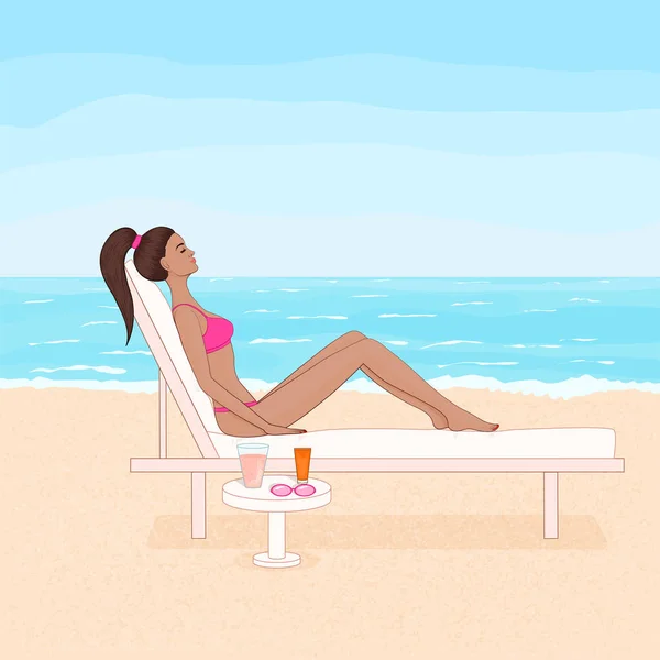 Imagen Vectorial Mujer Bronceada Tumbada Chaise Lounge Tomando Sol Playa — Archivo Imágenes Vectoriales