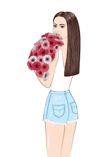 Illustration Mode Dessinée Main Jeune Belle Femme Avec Bouquet Fleurs — Image vectorielle
