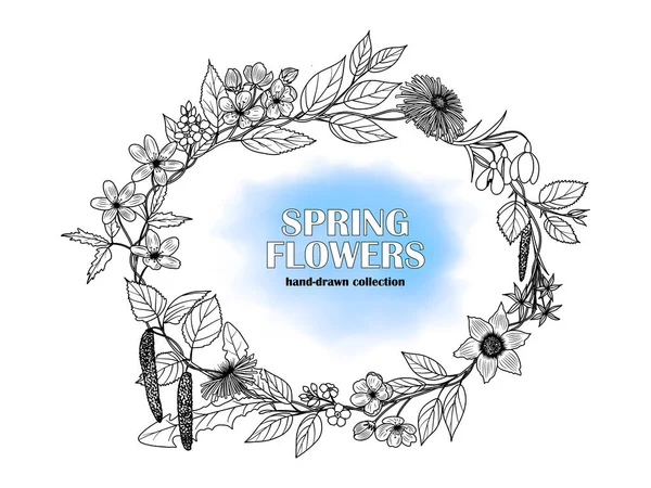 Vector image of a frame (wreath) of hand-drawn spring flowers, black and white. Blooming apple, cherry, dandelion, birch, forget-me-not, snowdrop, forest anemone, scilla. EPS 10.